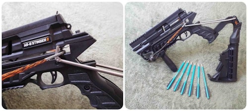 The Steambow AR-6 is cocked by dropping the butt stock lever. The string is held in place behind a ledge above the trigger. There is no safety mechanism so the crossbow must be fired immediately. A firm, decisive trigger pull is required to shoot the Stinger II.