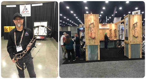 Michael Brookhart from Athens Archery (left), shown with the new Vista 31 compound, helped the author in one of the many shooting lanes at the 2022 ATA Show. This particular lane was located only 10 yards from the Athens Archery booth.