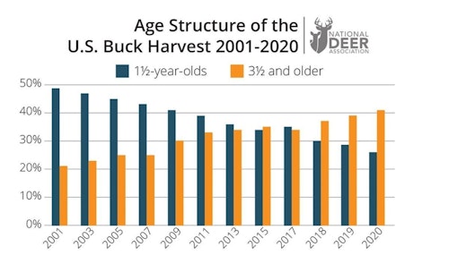 This chart shows a clear trend: Each year deer hunters are focusing more on killing mature bucks and shooting fewer yearling bucks.