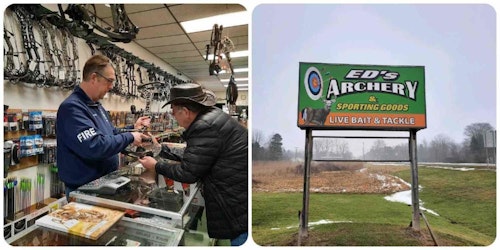 Ed’s Archery & Sporting Goods Owner Steve Gilkes (left) explains the features of a new compound to a Michigan whitetail hunter.