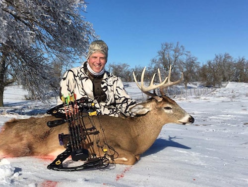 The author tagged this late-December buck in South Dakota when a buddy purposefully bumped a south-facing hillside containing several bedded deer. The author was in a treestand 150 yards away on the other side of a creek, along a trail often used by deer as they traveled out of the river-bottom to feed after dark. Because of the crusted snow, the bumped deer used the well-worn trail when leaving their bedding area.