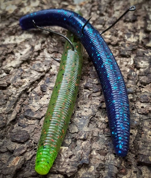 YUM Dinger stick baits rigged wacky style.