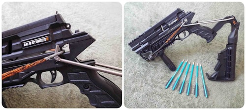 The Steambow AR-6 is cocked by dropping the butt stock lever. The string is held in place behind a ledge above the trigger. There is no safety mechanism so the crossbow must be fired immediately. A firm, decisive trigger pull is required to shoot the Stinger II.