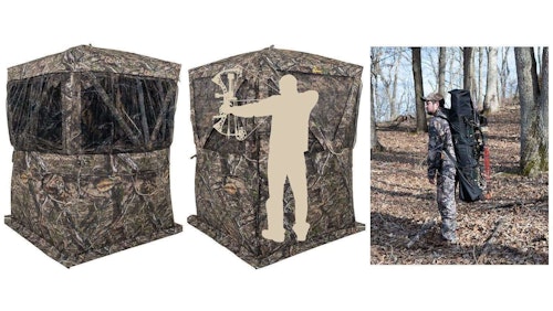 The Browning Envy pop-up blind includes a bow hanger, deluxe stakes with tie-downs, brush loops, four gear pockets, and a carry bag. Overall weight is 23 pounds.