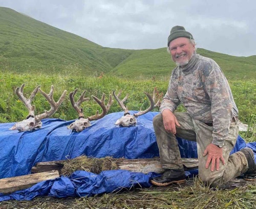 Chuck Adams with three tremendous Sitka blacktails from his August 2021 solo bowhunt to Alaska.
