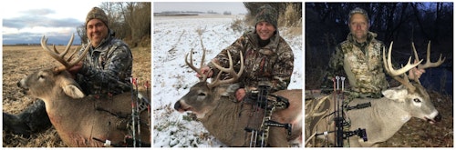 The author (center) and his two hunting buddies arrowed South Dakota whitetails on a small private property by staying off it entirely until primetime. The buck on the left was killed November 4, the author’s buck on November 5, and the buck on the right November 7.
