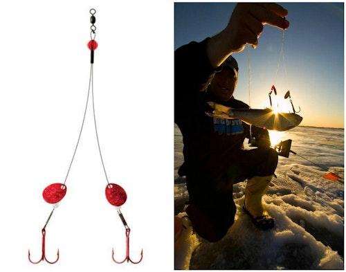 For big baits, those measuring 8-12 inches, the author prefers a two-treble system such as the Big Tooth Rig.