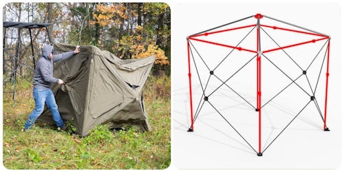 The red areas in this illustration show the additional support structure in the Cage pop-up blind that allows it to withstand the weather like a permanent blind.