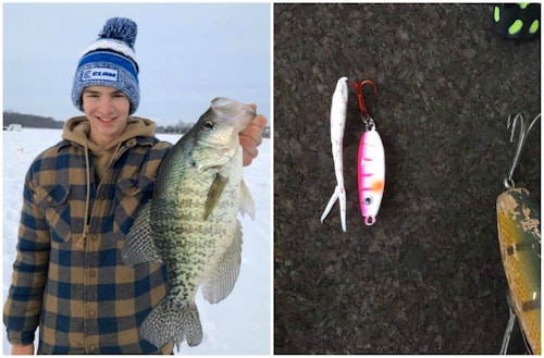 One of Elliott Maas’ lures to make his Wall of Fame is a Northland Fishing Tackle Forage Spoon tipped with a Clam Outdoors Maki Mino. He used this combo to land a beautifully marked 17-inch white crappie through the ice.