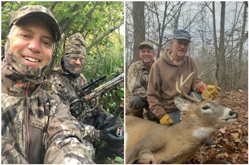 Father and son in the Wisconsin whitetail woods. The author’s dad, Frank, shot this rutting whitetail at only 9 yards from a natural ground blind on public land. Even though the duo have been in the field at the same time pursuing deer for nearly 45 years, the 2020 season was the first one where they spent significant time together in two-person ladders and blinds.