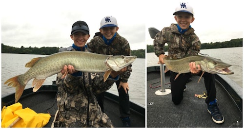The author's son Luke caught this muskie, and big brother Elliott first held it for pics (left photo). The right photo was taken during round two of the photo session, after the fish had spent several minutes back in the water.