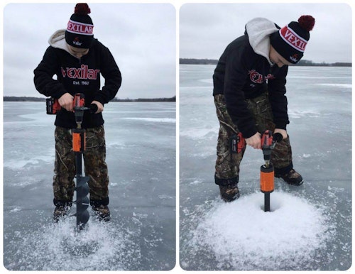 Even when using the side handle on a cordless drill for support, it can be difficult to drill straight holes. The author and his son (pictured) have discovered that it’s easier to cut straight holes with two hands on a Clam Drill Plate.