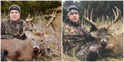Three days after harvesting a gorgeous double-drop tine (right), Terron Bauer was able to return to the same alfalfa kill plot and pull the dupe on his top hit-list buck. 