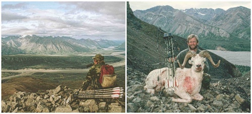 My first bow-killed Dall sheep ram, taken in 1991 in the Wrangells on a guided hunt with Terry Overly and guide Rick Alexander. Check out that high-tech archery setup.