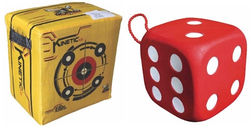 It makes sense to have one heavyweight bag target for regular practice with field points, plus a small foam target for easy transport. The Kinetic 1.0 bag target (left) measures 21x15x20 inches; the High Roller (right) measures 13x13x13 inches.