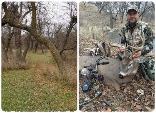 One of the author’s hunting buddies killed this South Dakota buck as it walked on the mowed path shown here (photos taken different years). Whitetails could easily travel 5, 10 or 15 yards on either side of the mowed path, but they choose to use it almost every time.