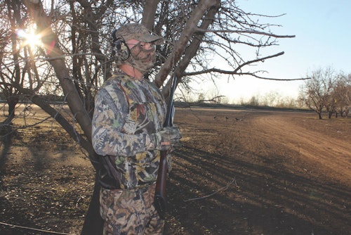 Setting up on a known flyway is a great way to intercept crows as they travel from roosting sites to feeding areas. Here, the hunter uses a tree to break up his outline with the sun at his back.