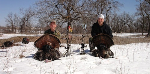 Patience is key when a turkey doesn't die within sight. These two South Dakota gobblers disappeared after being hit (one ran, one flew), but both were recovered within 150 yards of a ground blind because the hunters didn't run after the birds.