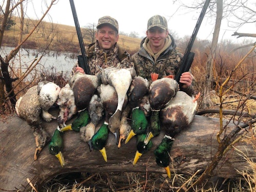 The author and his son endured high winds and persistent rain on morning No. 2 and were rewarded with steady action on brilliantly colored greenheads and other puddle ducks.
