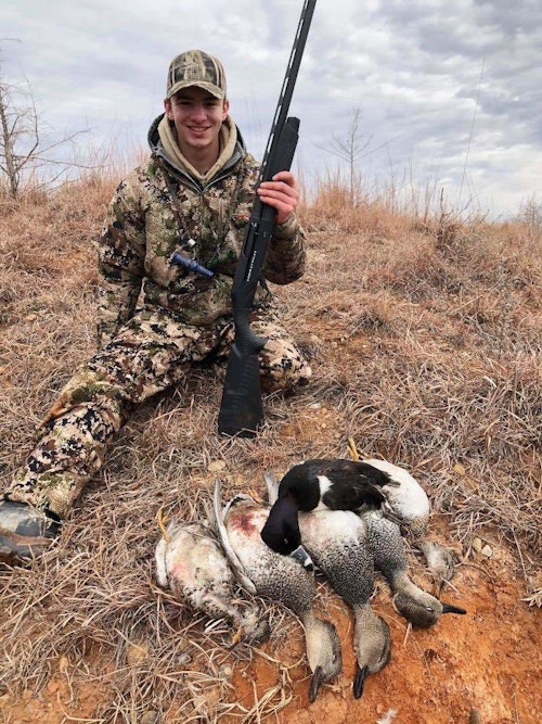 The author’s son Elliott was all smiles after his first morning pursuing Sooner State ducks.