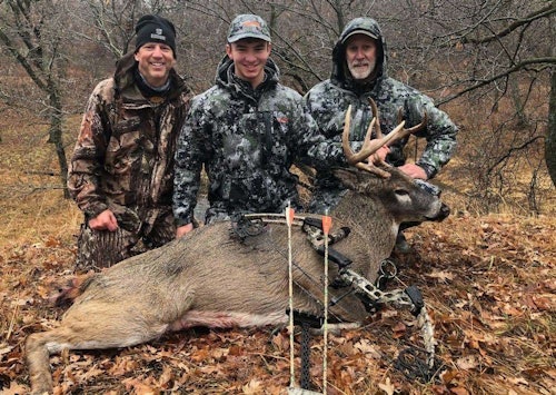 The author (above left) celebrates his son Elliott’s first compound bow buck, shot on November 8, 2020. Do you think the buck shown in the Moultrie Mobile cell cam photo below from October 10 is the same deer?