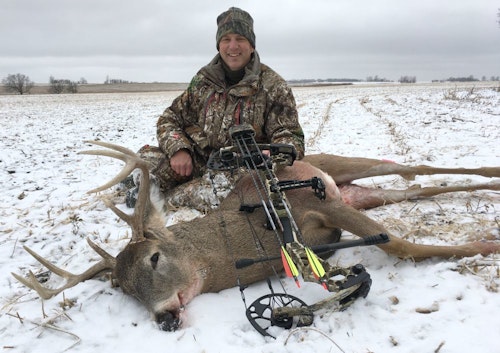 The author with his 2019 South Dakota buck. Temps were relatively mild — mid-20s — so he didn’t have to wear the maximum amount of clothing to stay warm on stand.