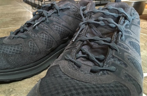 Patented elastic bump technology from Caterpy Laces secures tension in each row of the shoe. Shown here is the author’s LOWA Innox Evo Lo TF shoes with Caterpy Laces (30-inch) in color Gunmetal Gray.