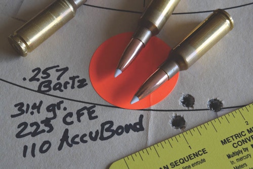 The .257 Bartz loaded in Lapua cases clocked 2,760 fps and drilled tight groups from the Brenton AR.