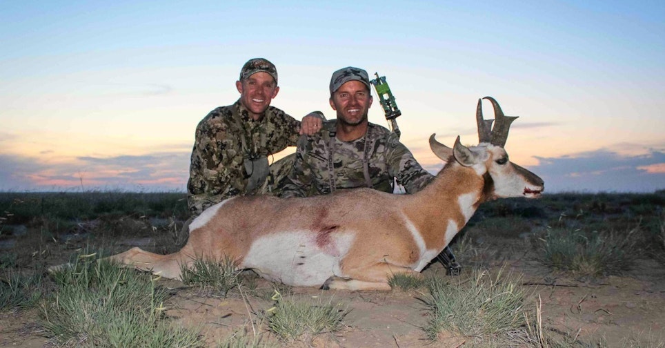 The author, left, was overjoyed to assist in helping his buddy from Australia, Adam Greentree, tag this fine Colorado pronghorn.