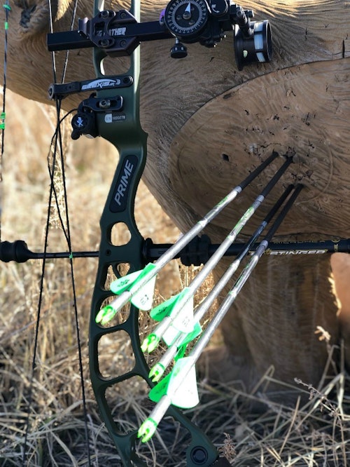 The author’s arrow group from 80 yards, using two field tips and two SEVR broadheads.