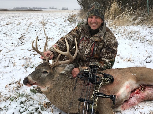 During his field test of Thiessens apparel, the author hid in the tall grass and brush of a shelterbelt and arrowed this South Dakota whitetail at 17 yards. He quietly drew his bow as the buck jumped a barbed-wire fence bordering an ag field.