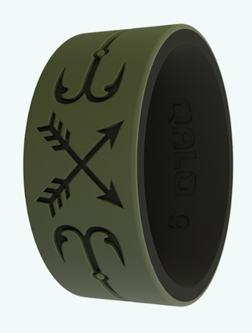 Unlike traditional metal wedding bands, which can be noisy and even dangerous should they get snagged while you descend a tree, silicone rings like the one above are quiet and safe.