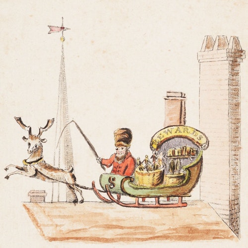 The first reference to Santa's sleigh being pulled by a reindeer appears in Old Santeclaus with Much Delight, an illustrated children's poem published in New York in 1821. Photo: The Children's Friend, Number III. Beinecke Digital Collections, Yale. (Wikipedia) 