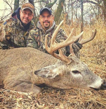 Class-act bowhunters, Toby (above, right) and Mike Shaw (below) show off their SoDak bucks. Toby arrowed his 2016 deer from a makeshift ground blind, while brother Mike took to the trees in 2017.