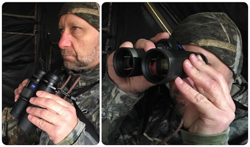 One of the author's hunting partners takes a turn glassing with the new Zeiss SFL 8x40 bino.