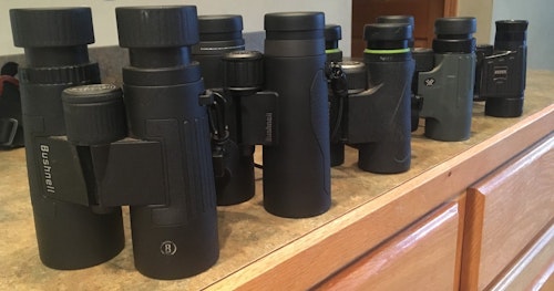 To test the Bushnell Legend 8x42mm bino (far left), the author compared it to four other models he often uses in pursuit of whitetails and turkeys.