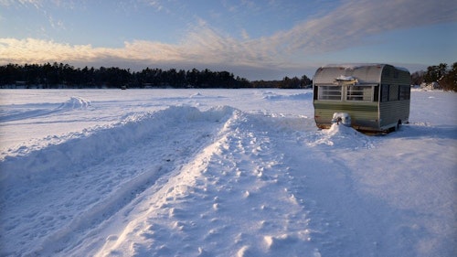 This photo was taken on February 4 on Boom Lake in Rhinelander, Wisconsin, before the town endured a record-breaking 61.5 inches of February snow. The image features an ice shack where a Grand View Outdoors editor worked for two weeks reporting on ice-fishing culture in the area. Photo: Luke Laggis