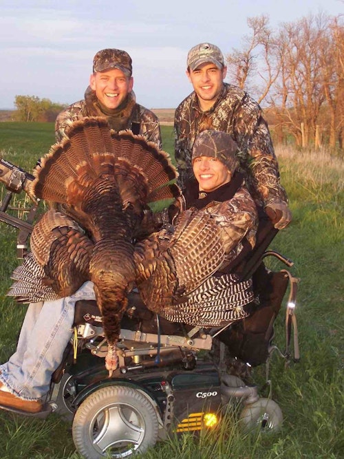 The author has a hunting buddy named Jake, and he killed his first bow bird — a jake — from his wheelchair, which is rigged with a special mount to hold a crossbow.