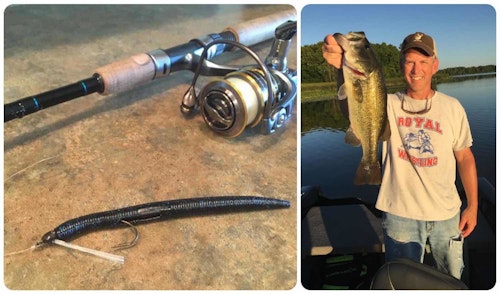 The author’s favorite lure for targeting deep weedline bass is a weedless J-Mac Finesse Jig rigged with a 5-inch YUM Dinger.