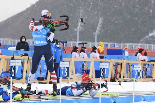 Shooting conditions can often be harsh during biathlon races. When firing prone, athletes are trying to hit a 1.8-inch-diameter target from 54.7 yards. When standing, athletes are aiming at a 4.5-inch target.