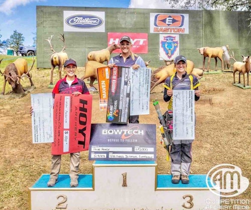 Left to right, 2022 NFAA Marked 3D Female Championship podium: Second-place Linda Ochoa-Anderson, first place Paige Pearce, and third-place Emily McCarthy.