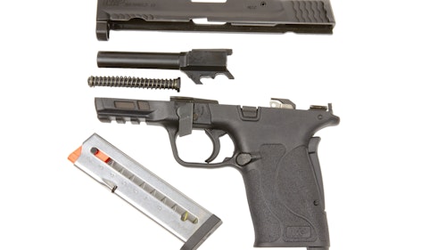 When the Shield EZ is disassembled for cleaning, the parts are the same as with most modern semi-automatic pistols: frame assembly, recoil spring assembly, barrel, slide assembly and magazine.